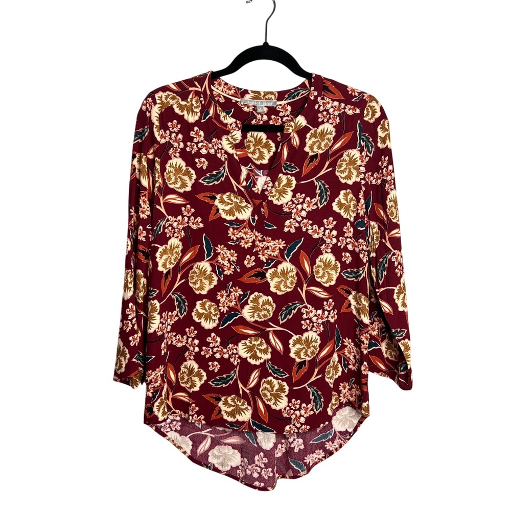 Daniel Rainn‎ Tunic Top Womens Size S Burgundy Floral 3/4 Sleeve Lightweight NEW